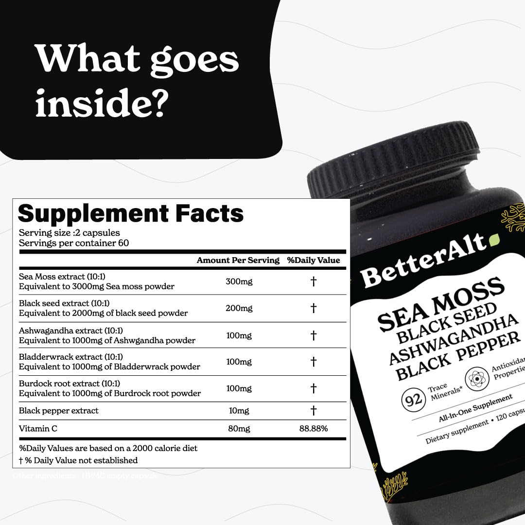 Better Alt Sea Moss Capsules- Irish Sea Moss with Black Seed Oil, Ashwagandha & Black - Maple Wellness Supplements