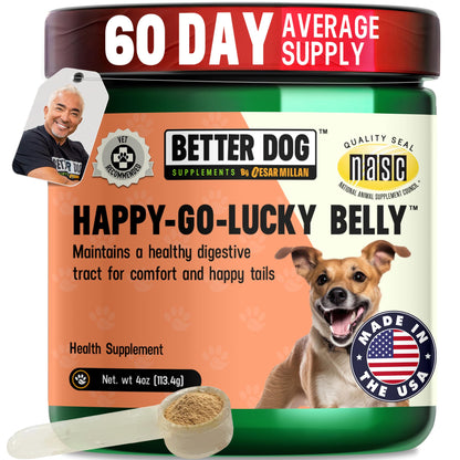 Better Dog Supplements Happy-Go-Lucky Belly by Cesar Millan - Natural Dog Digestive Support Powder – Dog Constipation Relief, Gut Balance & Regularity with Herbal Fiber for Dogs – 4oz (60-Day Supply) - Maple Wellness Supplements
