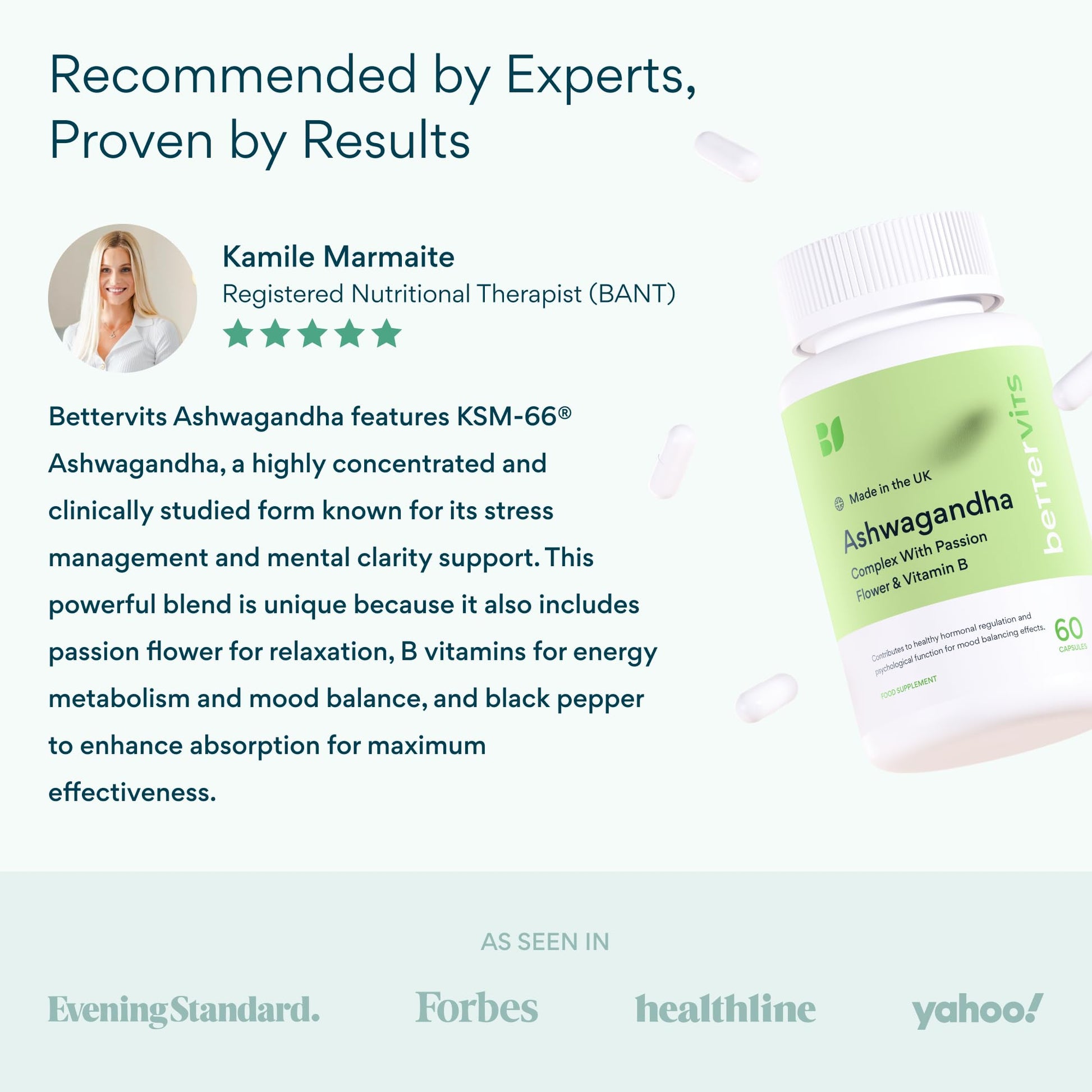 Bettervits Ashwagandha Complex with Passion Flower and Vitamin B – KSM-66® Organic Root Extract 800 mg – Supports Calm, Energy and Emotional Balance – 60 Capsules - Maple Wellness Supplements