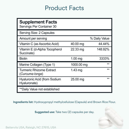 Bettervits Collagen Peptides Complex with Hyaluronic Acid & Turmeric | Hydrolyzed Marine Collagen Supplements for Women & Men | Collagen with Vitamin C - Maple Wellness Supplements