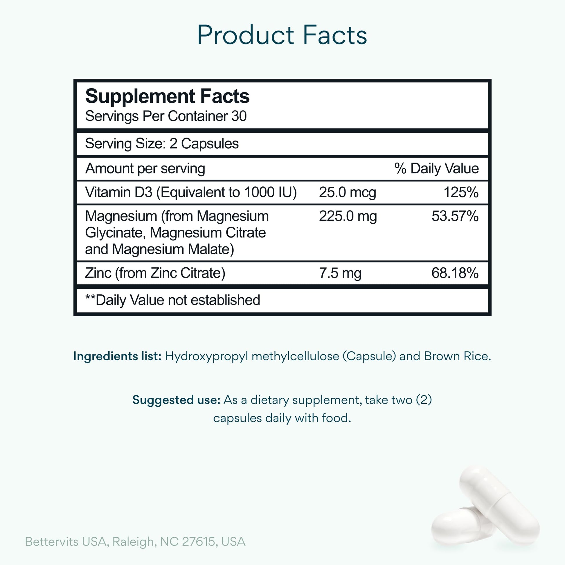 Bettervits Magnesium Glycinate Complex with Citrate Malate Zinc & Vitamin D3 | High Absorption Pure Magnesium 225mg Supplement Chelated Formula for Muscle Relaxation, Sleep Support – 60 Capsules - Maple Wellness Supplements