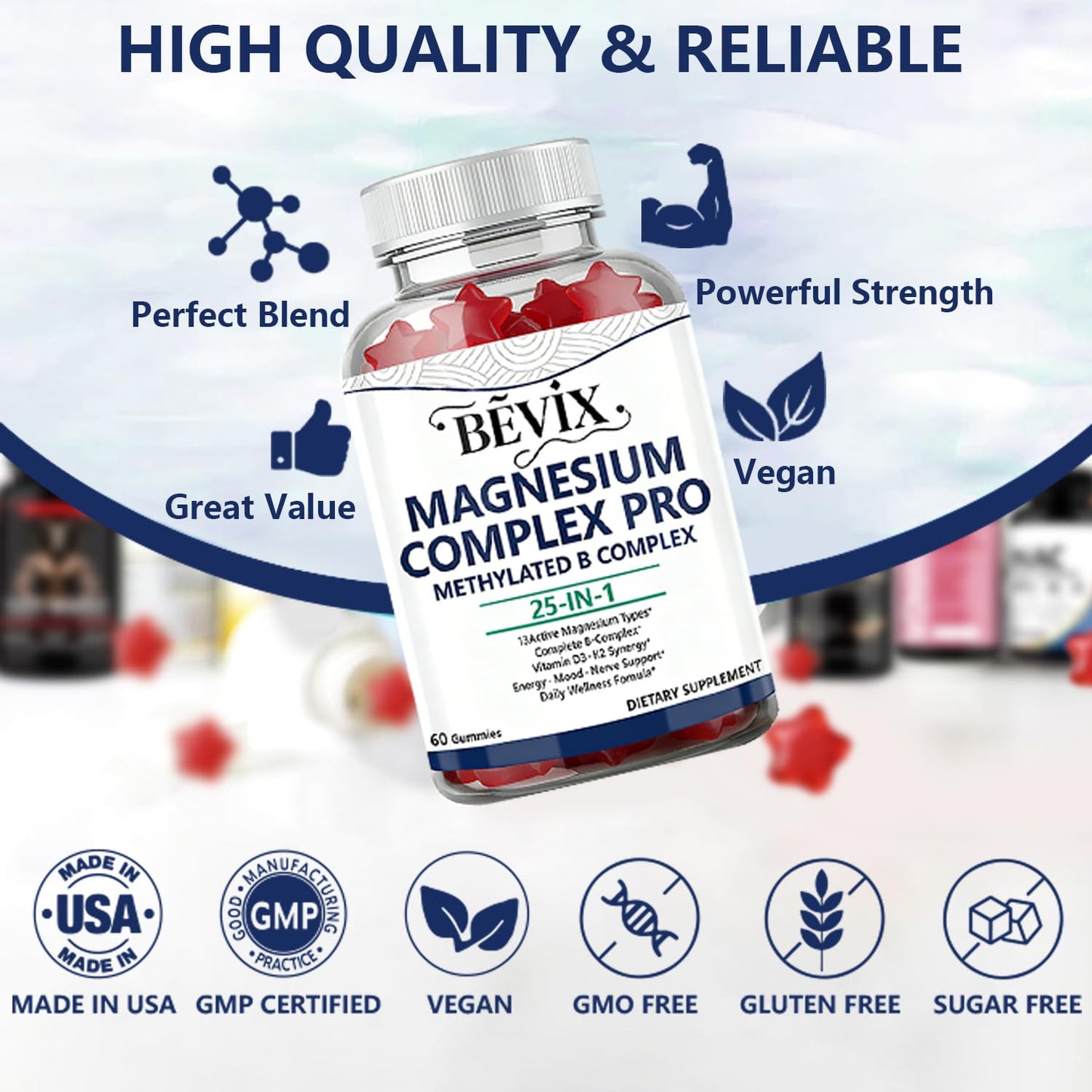 BEVIX Magnesium Complex Gummies with Methylated B Complex Magnesium Glycinate Citrate Malate Taurate Gluconate Aspartate Carbonate D3 K2, Magnesium for Relaxation Energy & Nerve, 60 Gummies - Maple Wellness Supplements