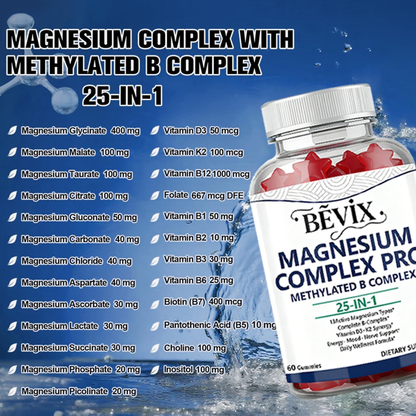 BEVIX Magnesium Complex Gummies with Methylated B Complex Magnesium Glycinate Citrate Malate Taurate Gluconate Aspartate Carbonate D3 K2, Magnesium for Relaxation Energy & Nerve, 60 Gummies - Maple Wellness Supplements