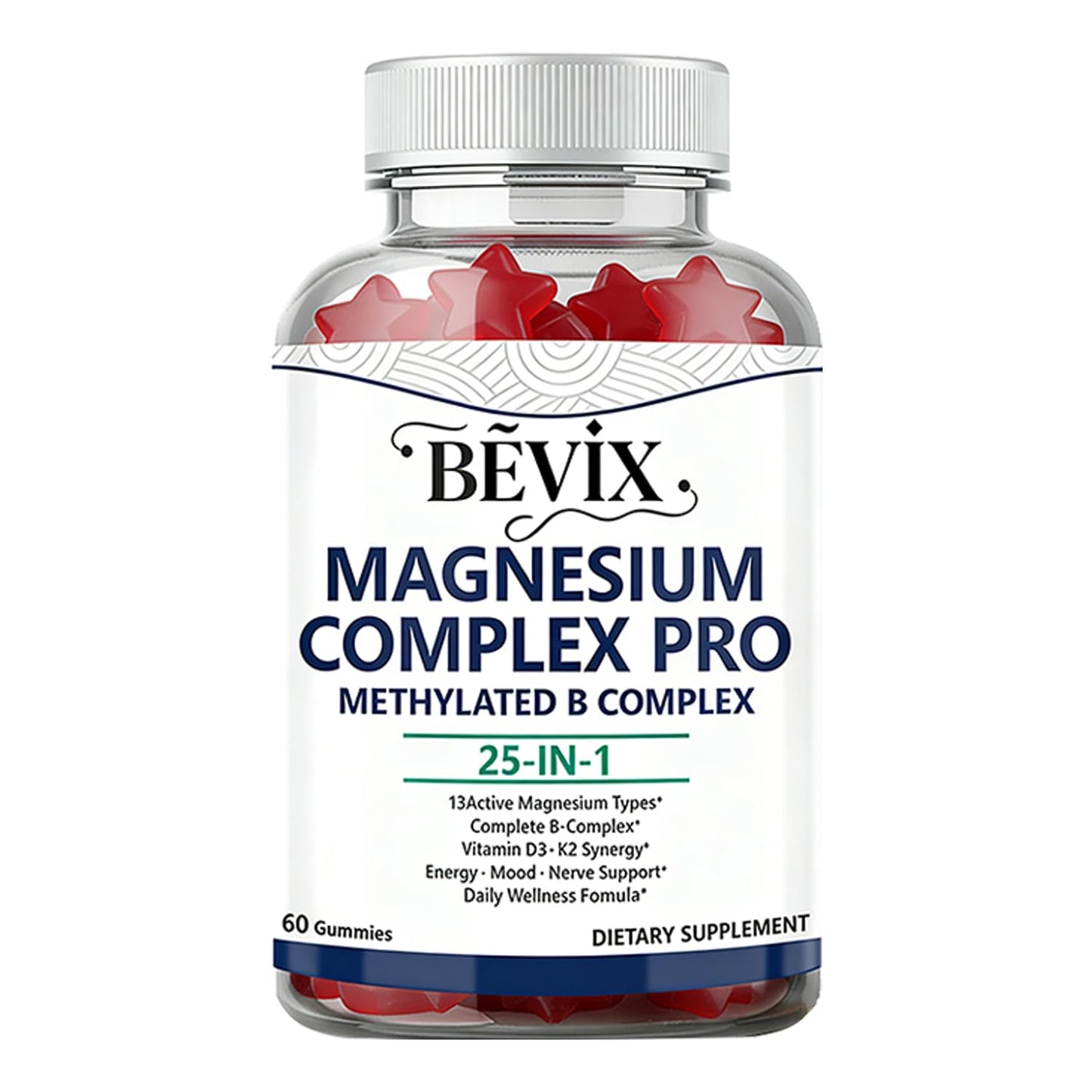 BEVIX Magnesium Complex Gummies with Methylated B Complex Magnesium Glycinate Citrate Malate Taurate Gluconate Aspartate Carbonate D3 K2, Magnesium for Relaxation Energy & Nerve, 60 Gummies - Maple Wellness Supplements