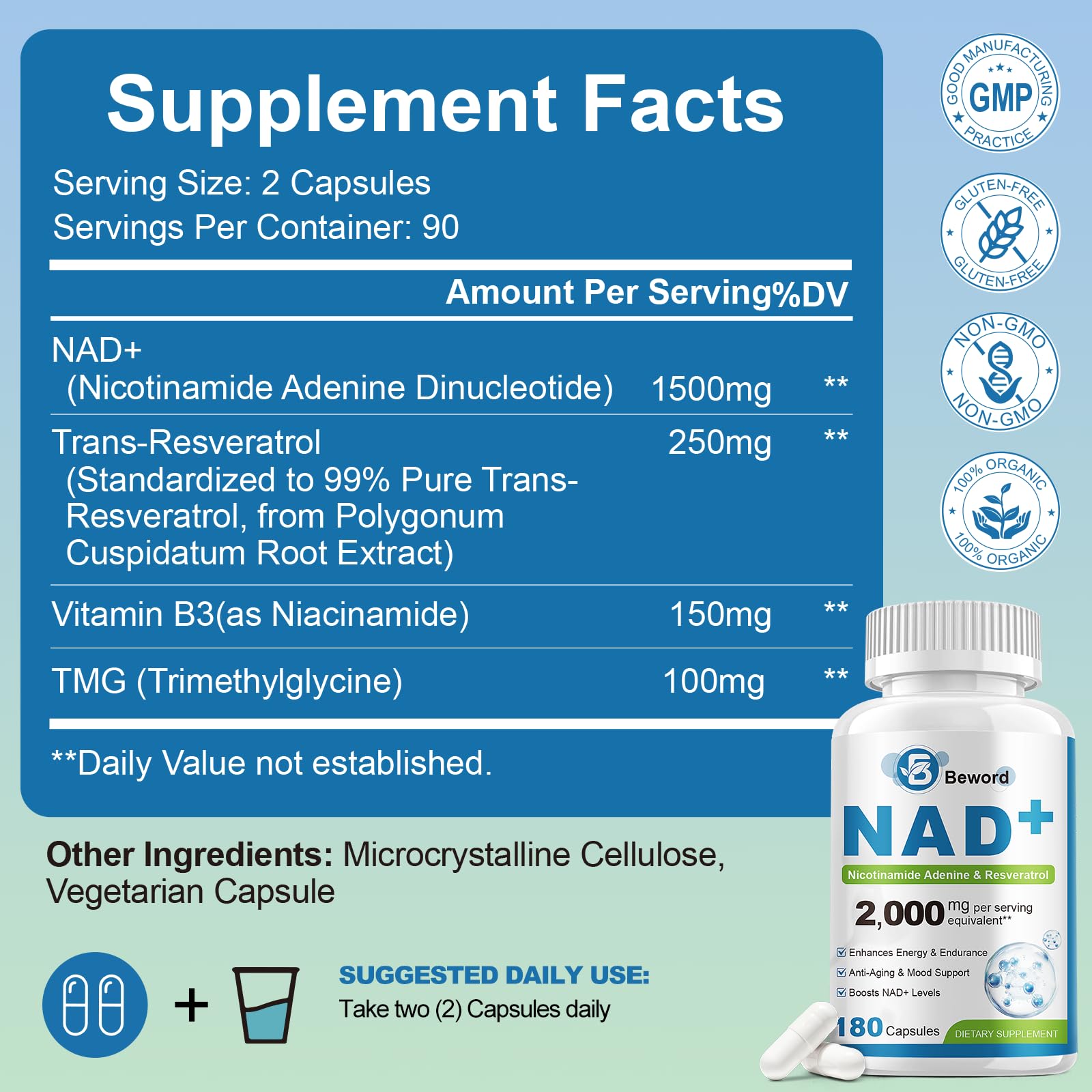 BEWORD Liposomal NAD 2000 Mg, 180 Capsules, 4-in-1 Formula with Liposomal NAD, Trans-Resveratrol, Non-GMO | Energy Support - Maple Wellness Supplements