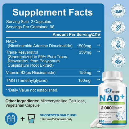 BEWORD Liposomal NAD 2000 Mg, 180 Capsules, 4-in-1 Formula with Liposomal NAD, Trans-Resveratrol, Non-GMO | Energy Support - Maple Wellness Supplements