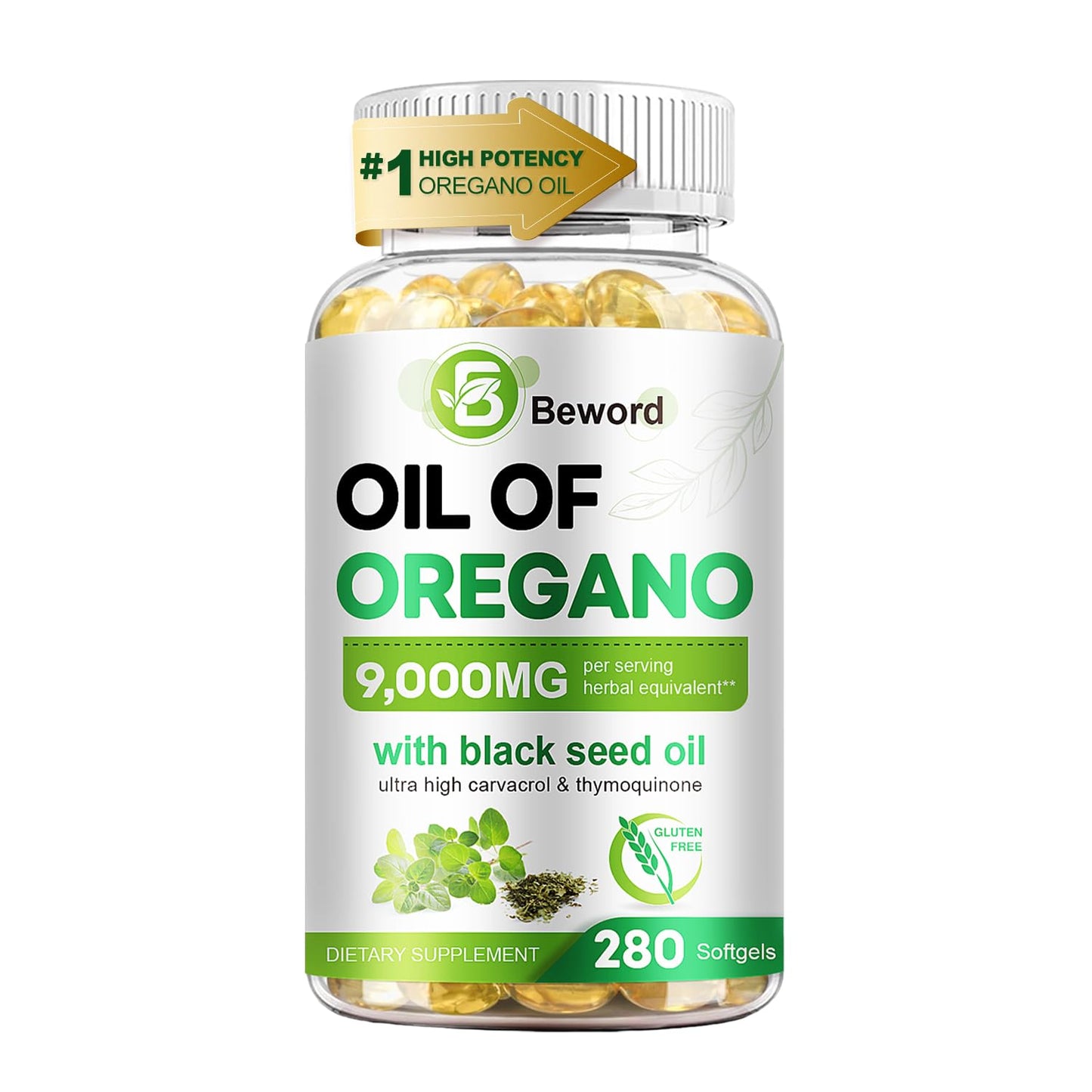 BEWORD Oil of Oregano with Black Seed Oil, 280 Softgels, 9000mg Per Serving – 2-in-1 Oregano Supplement for Immune Health with High Carvacrol & Thymoquinone | Plant-Based, Non-GMO - Maple Wellness Supplements