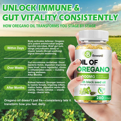 BEWORD Oil of Oregano with Black Seed Oil, 280 Softgels, 9000mg Per Serving – 2-in-1 Oregano Supplement for Immune Health with High Carvacrol & Thymoquinone | Plant-Based, Non-GMO - Maple Wellness Supplements