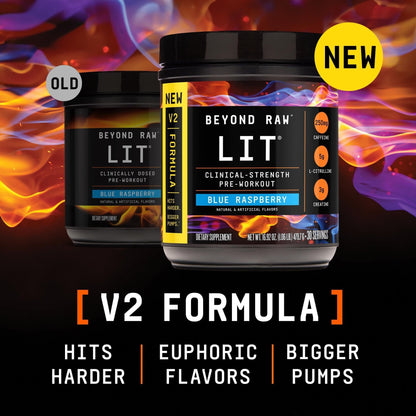 BEYOND RAW LIT V2 Clinical Strength Pre Workout Powder, Hits Harder, Bigger Pumps, Caffeine, L-Citrulline, Creatine, Blue Raspberry, 30 Servings - Maple Wellness Supplements