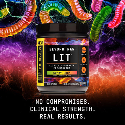 BEYOND RAW LIT V2 Clinical Strength Pre Workout Powder, Hits Harder, Bigger Pumps, Caffeine, L-Citrulline, Creatine, Gummy Worm, 30 Servings - Maple Wellness Supplements