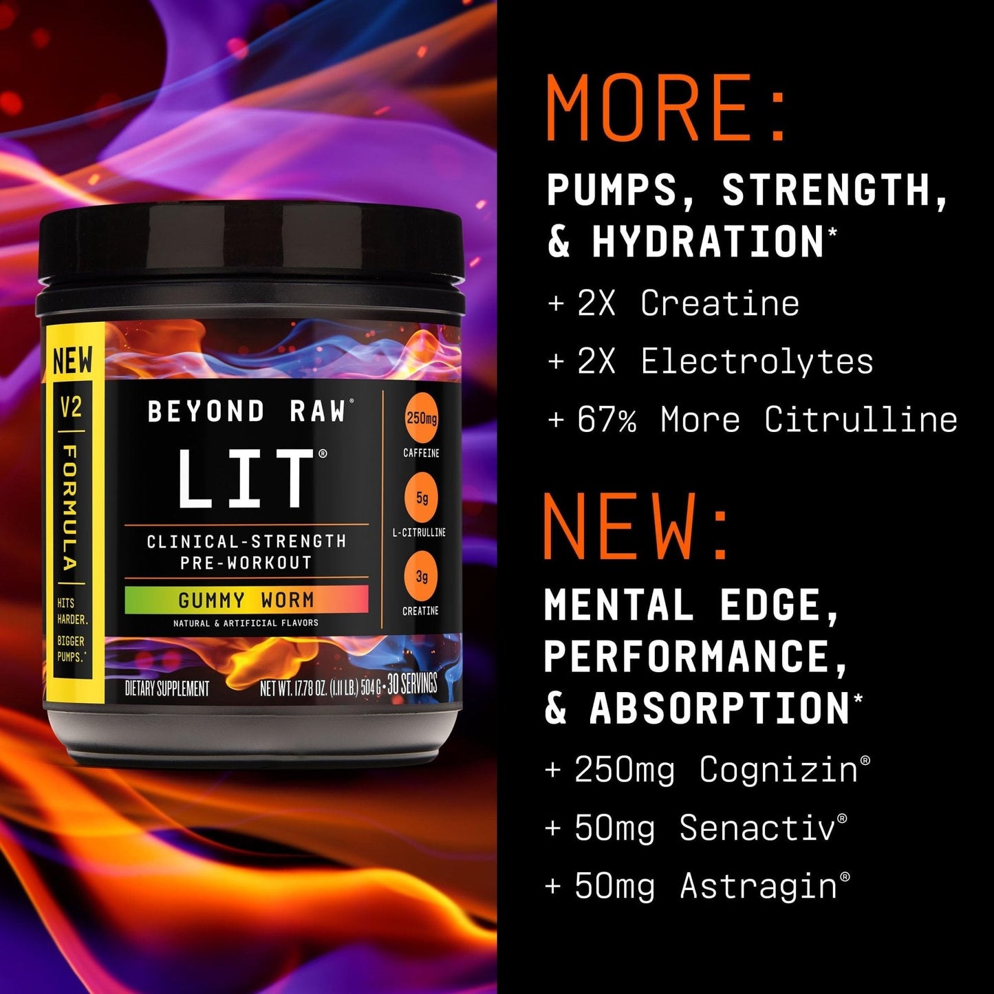 BEYOND RAW LIT V2 Clinical Strength Pre Workout Powder, Hits Harder, Bigger Pumps, Caffeine, L-Citrulline, Creatine, Gummy Worm, 30 Servings - Maple Wellness Supplements