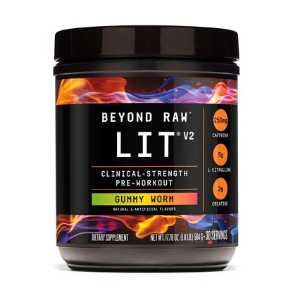 BEYOND RAW LIT V2 Clinical Strength Pre Workout Powder, Hits Harder, Bigger Pumps, Caffeine, L-Citrulline, Creatine, Gummy Worm, 30 Servings - Maple Wellness Supplements