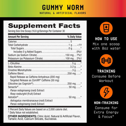 BEYOND RAW LIT V2 Clinical Strength Pre Workout Powder, Hits Harder, Bigger Pumps, Caffeine, L-Citrulline, Creatine, Gummy Worm, 30 Servings - Maple Wellness Supplements