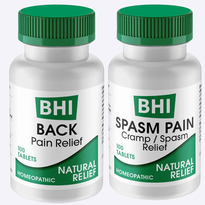 BHI Pain & Spasm Bundle BHI Back Homeopathic Support for Back Pain (100 Tablets) +BHI Spasm, Natural Relief for Cramps & Spasms, Homeopathic Medicine (100 Tablets) - Maple Wellness Supplements