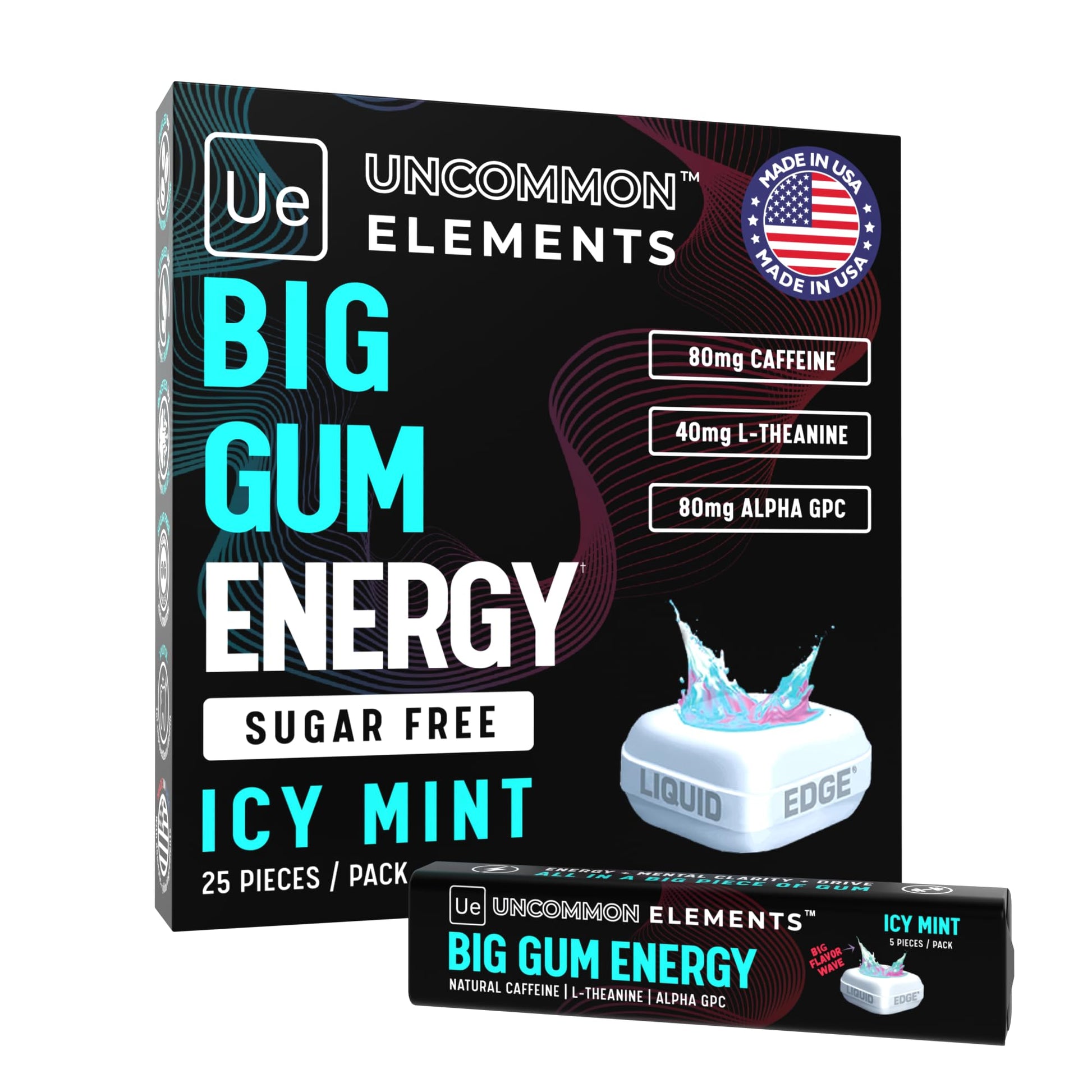 BIG GUM ENERGY & FOCUS – 80mg Caffeine + 40mg L-Theanine + 80mg Alpha GPC – Nootropic Chewing Gum for Focus, Energy & Execution – Icy Mint – 25 Pieces (5 Packs) Gym & Work Execution. - Maple Wellness Supplements