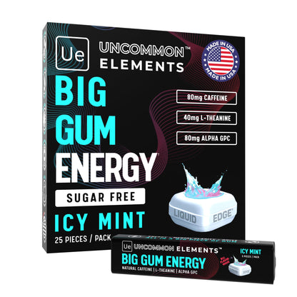 BIG GUM ENERGY & FOCUS – 80mg Caffeine + 40mg L-Theanine + 80mg Alpha GPC – Nootropic Chewing Gum for Focus, Energy & Execution – Icy Mint – 25 Pieces (5 Packs) Gym & Work Execution. - Maple Wellness Supplements