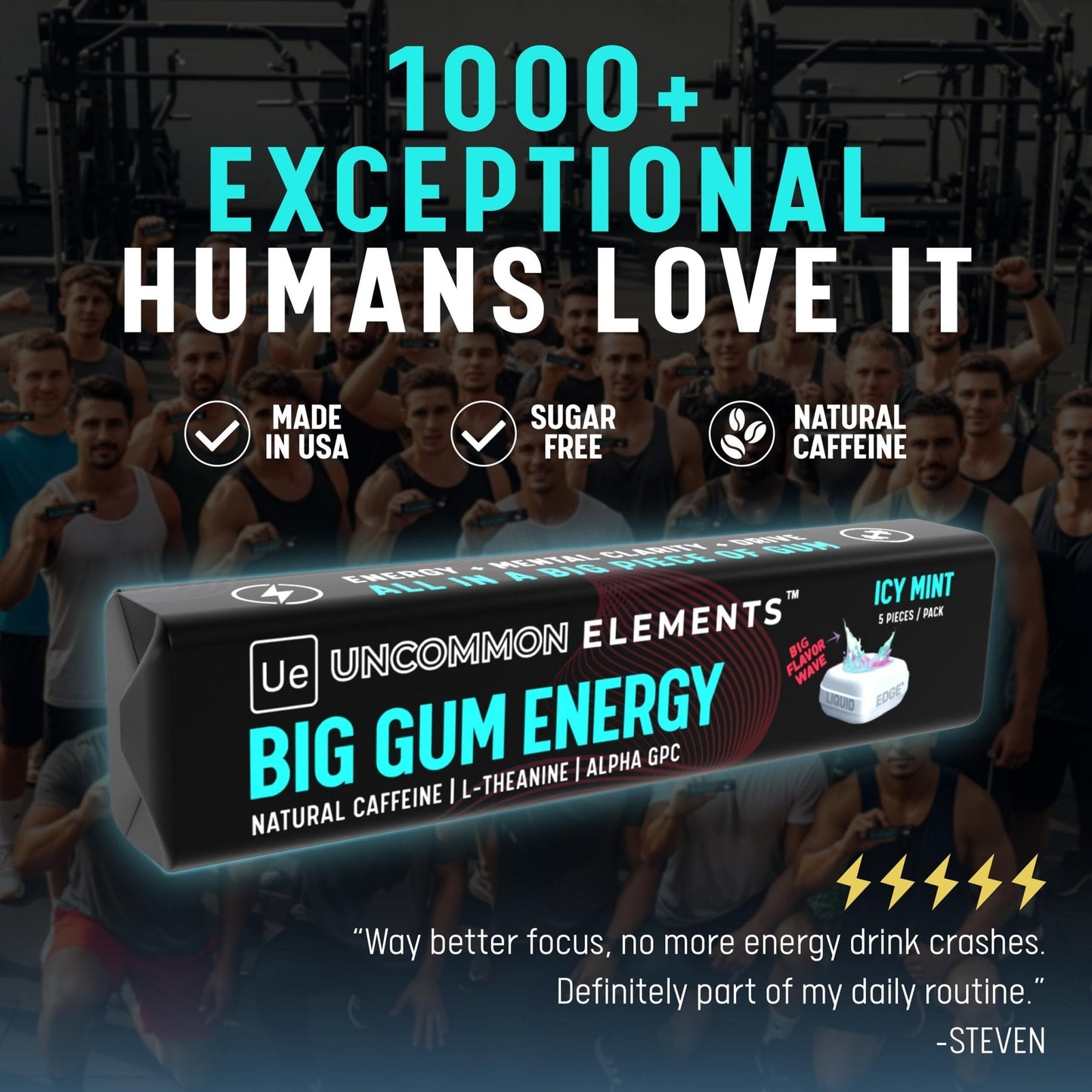 BIG GUM ENERGY & FOCUS – 80mg Caffeine + 40mg L-Theanine + 80mg Alpha GPC – Nootropic Chewing Gum for Focus, Energy & Execution – Icy Mint – 25 Pieces (5 Packs) Gym & Work Execution. - Maple Wellness Supplements