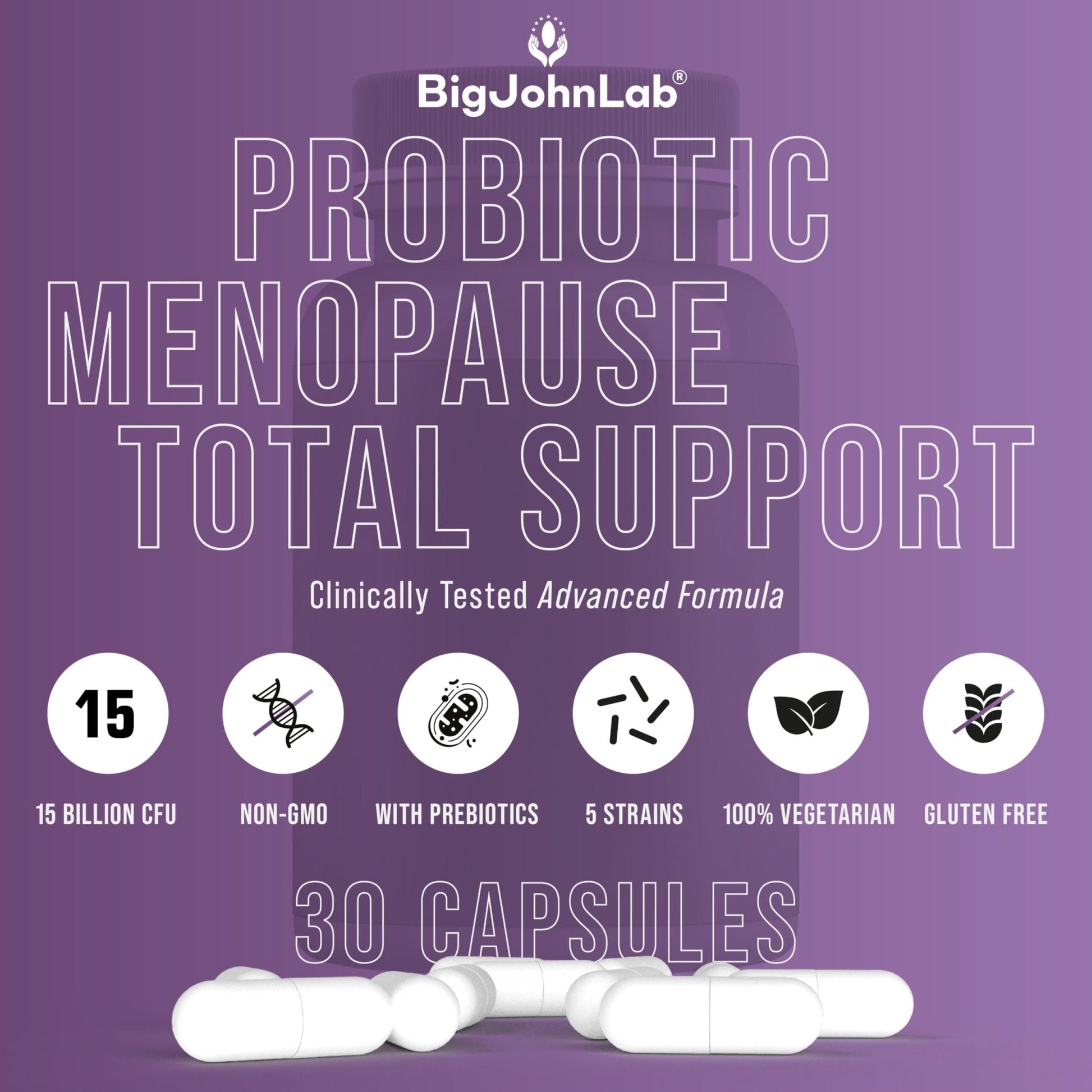 BIGJOHNLAB® - Menopause Total Support – Advanced Probiotic Formula with 5 Strains & 15 Billion CFU, Resveratrol, Black Cohosh, Acacia Fiber, Non-GMO & 100% Vegetarian - Maple Wellness Supplements