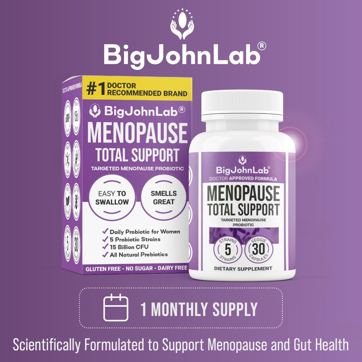 BIGJOHNLAB® - Menopause Total Support – Advanced Probiotic Formula with 5 Strains & 15 Billion CFU, Resveratrol, Black Cohosh, Acacia Fiber, Non-GMO & 100% Vegetarian - Maple Wellness Supplements