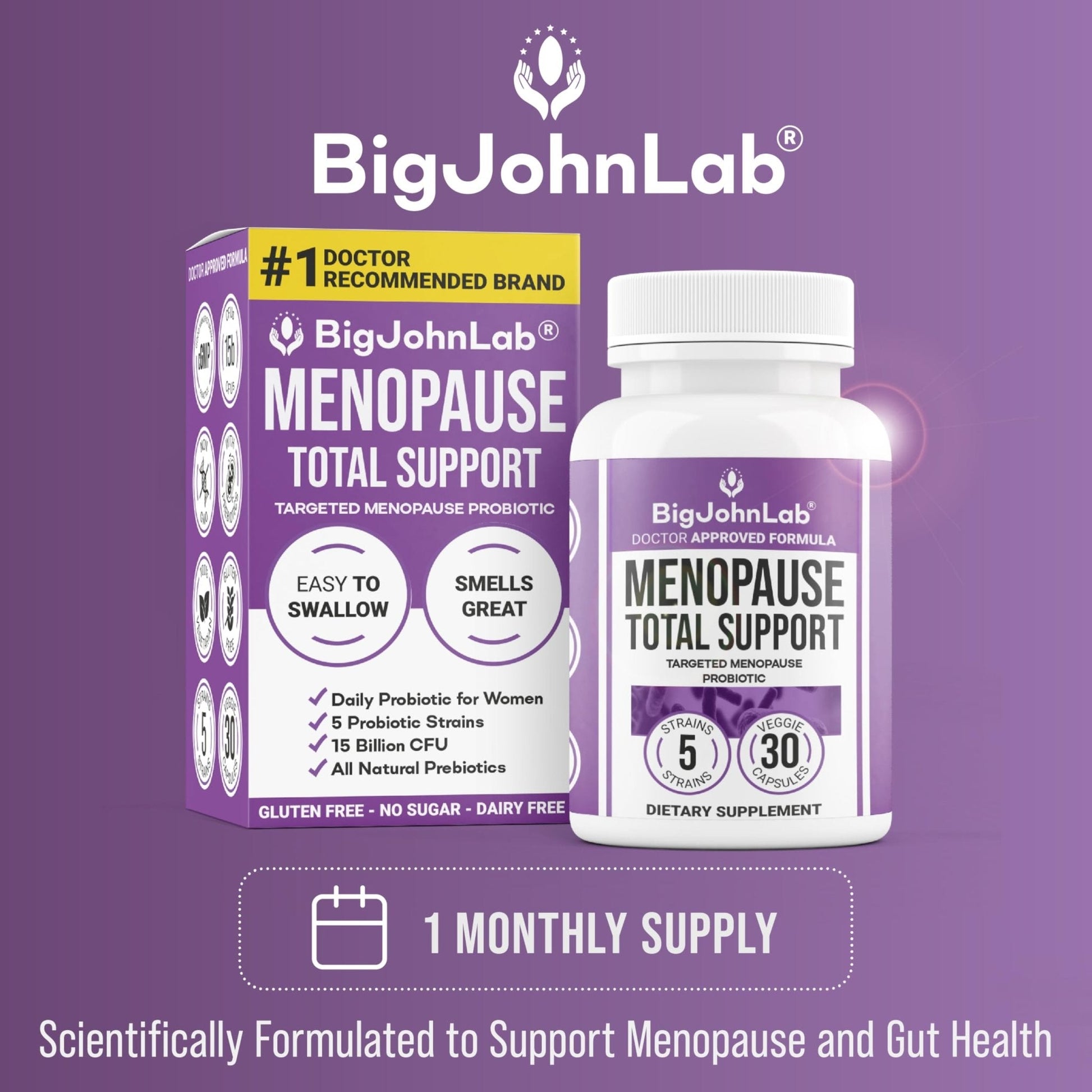 BIGJOHNLAB® - Menopause Total Support – Advanced Probiotic Formula with 5 Strains & 15 Billion CFU, Resveratrol, Black Cohosh, Acacia Fiber, Non-GMO & 100% Vegetarian - Maple Wellness Supplements