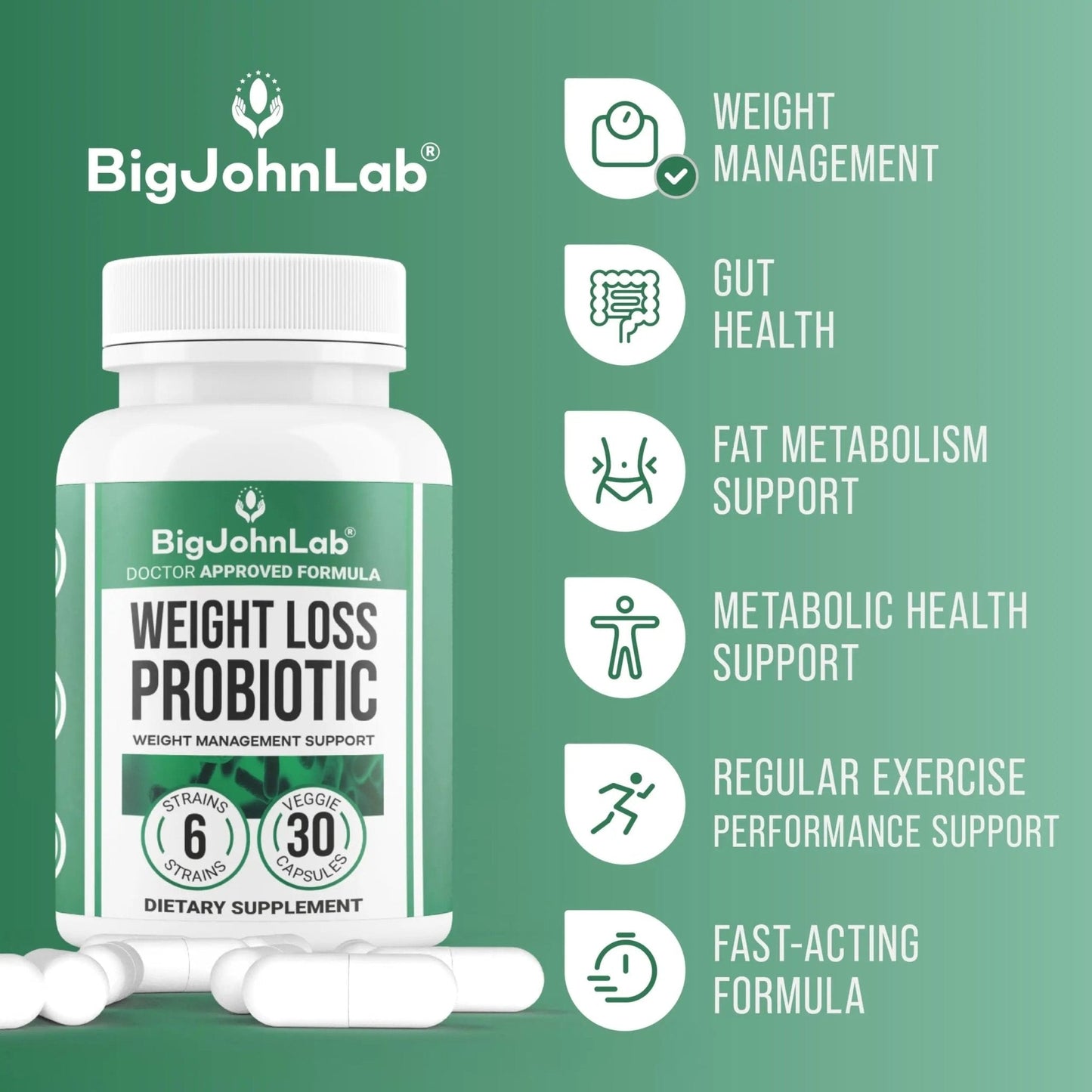 BIGJOHNLAB® - Probiotics for Weight Management & Bloating - 6 Probiotic Strains - Prebiotics - Key Ingredient Cayenne & Green Tea - Supports Gut Health - Weight Management for Women & Men - 30 CT - Maple Wellness Supplements