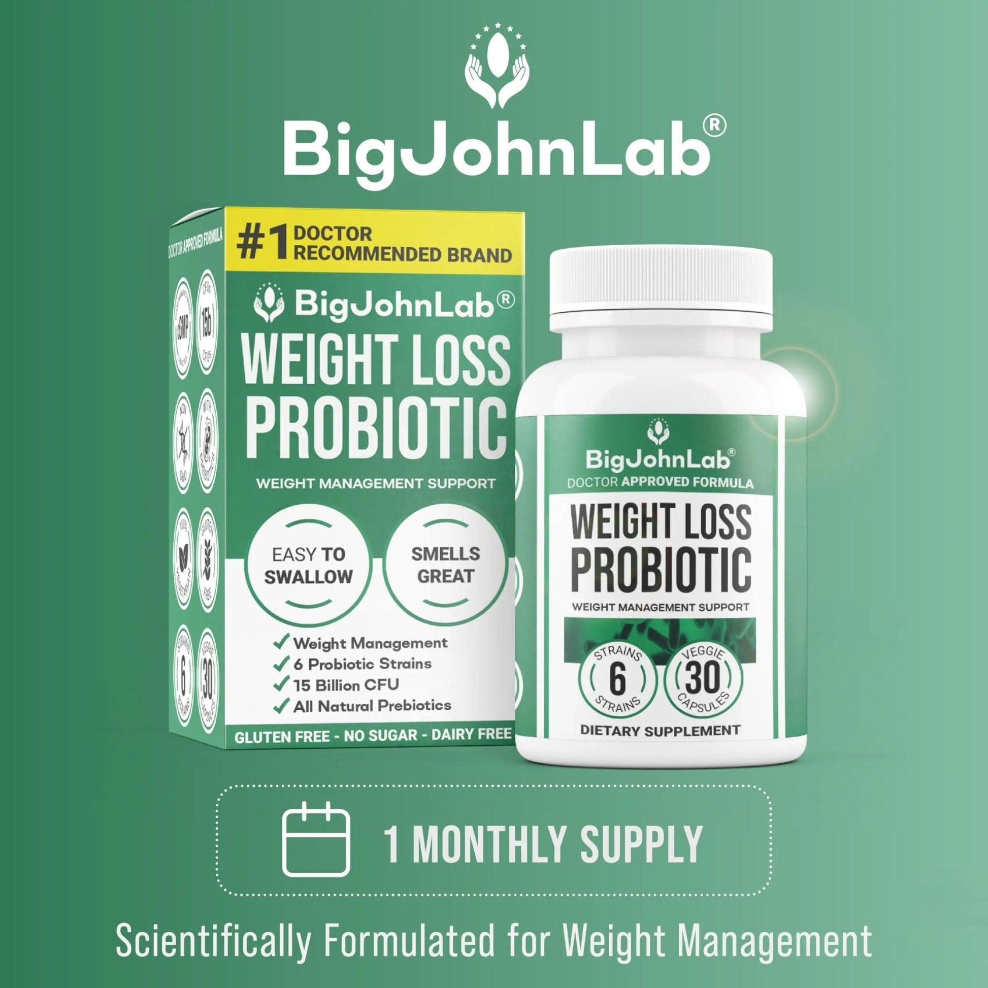 BIGJOHNLAB® - Probiotics for Weight Management & Bloating - 6 Probiotic Strains - Prebiotics - Key Ingredient Cayenne & Green Tea - Supports Gut Health - Weight Management for Women & Men - 30 CT - Maple Wellness Supplements