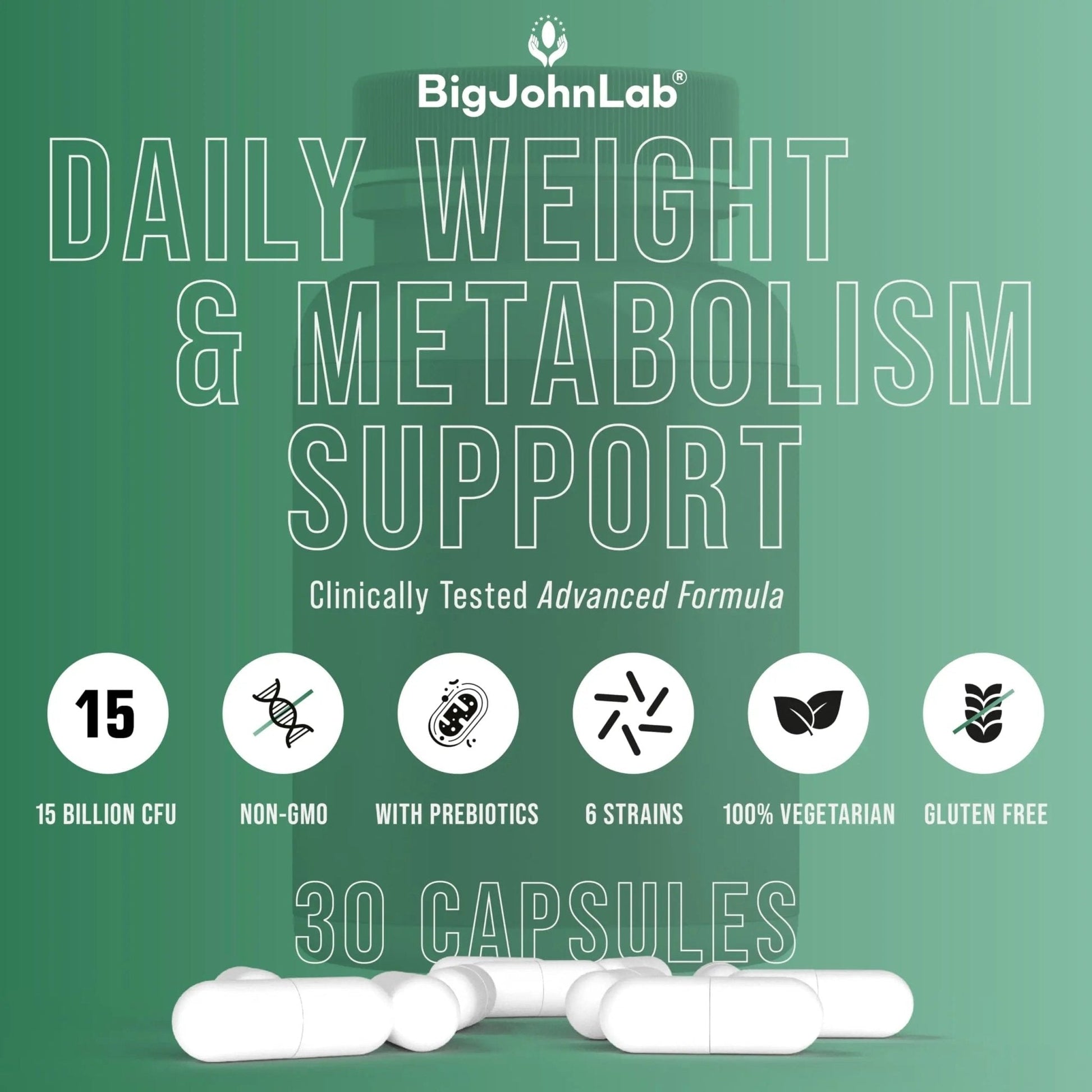 BIGJOHNLAB® - Probiotics for Weight Management & Bloating - 6 Probiotic Strains - Prebiotics - Key Ingredient Cayenne & Green Tea - Supports Gut Health - Weight Management for Women & Men - 30 CT - Maple Wellness Supplements