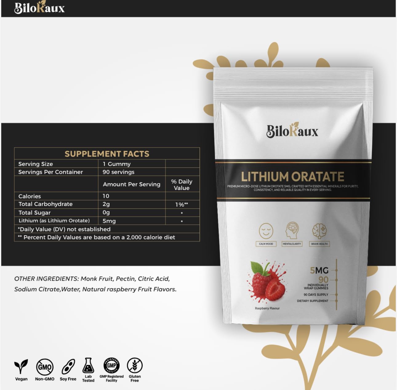 BiloRaux Lithium Orotate 5mg Gummies – Premium Microdose Lithium Supplement for Calm Balance & Focus – Natural Raspberry Flavour – 90 Vegan Gummies - Maple Wellness Supplements