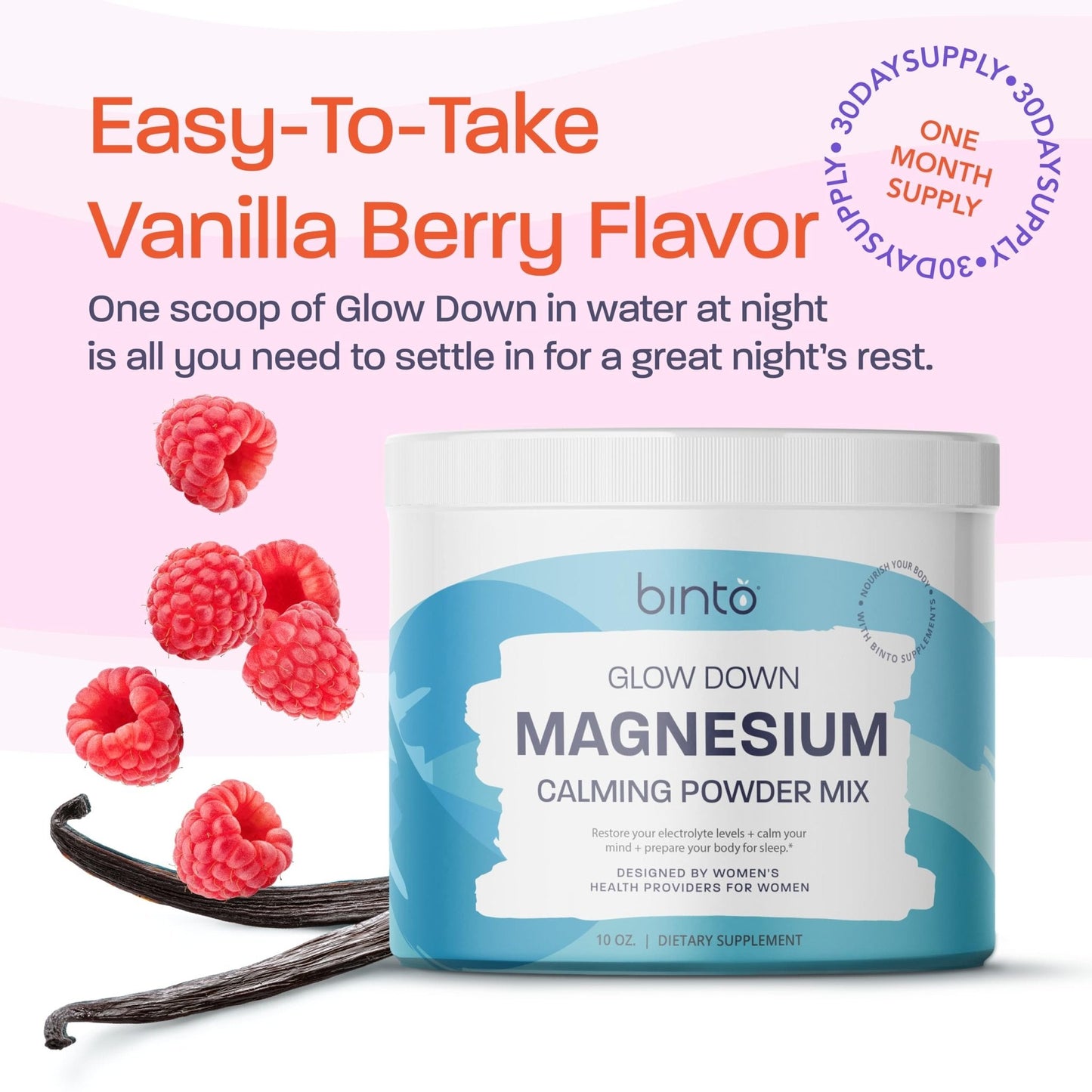 Binto Glow Down - Sleep Better & De-Stress with Our Berry Vanilla Magnesium Drink Mix, Made in USA, Sugar-Free, Preservative-Free, Gluten-Free Drink Mix (60 Day Supply) - Maple Wellness Supplements