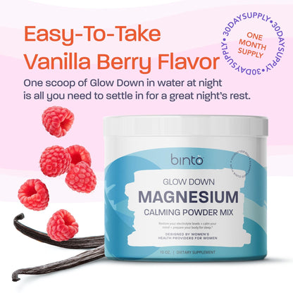 Binto Glow Down - Sleep Better & De-Stress with Our Berry Vanilla Magnesium Drink Mix, Made in USA, Sugar-Free, Preservative-Free, Gluten-Free Drink Mix (60 Day Supply) - Maple Wellness Supplements