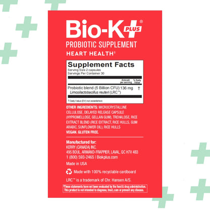 Bio-K+ Probiotics for Heart Health with Limosilactobacillus reuteri LRC – Heart Health Probiotic for Cholesterol & Cardiovascular Support, 5 Billion CFU, Vegan, Shelf-Stable – 60 Capsules - Maple Wellness Supplements