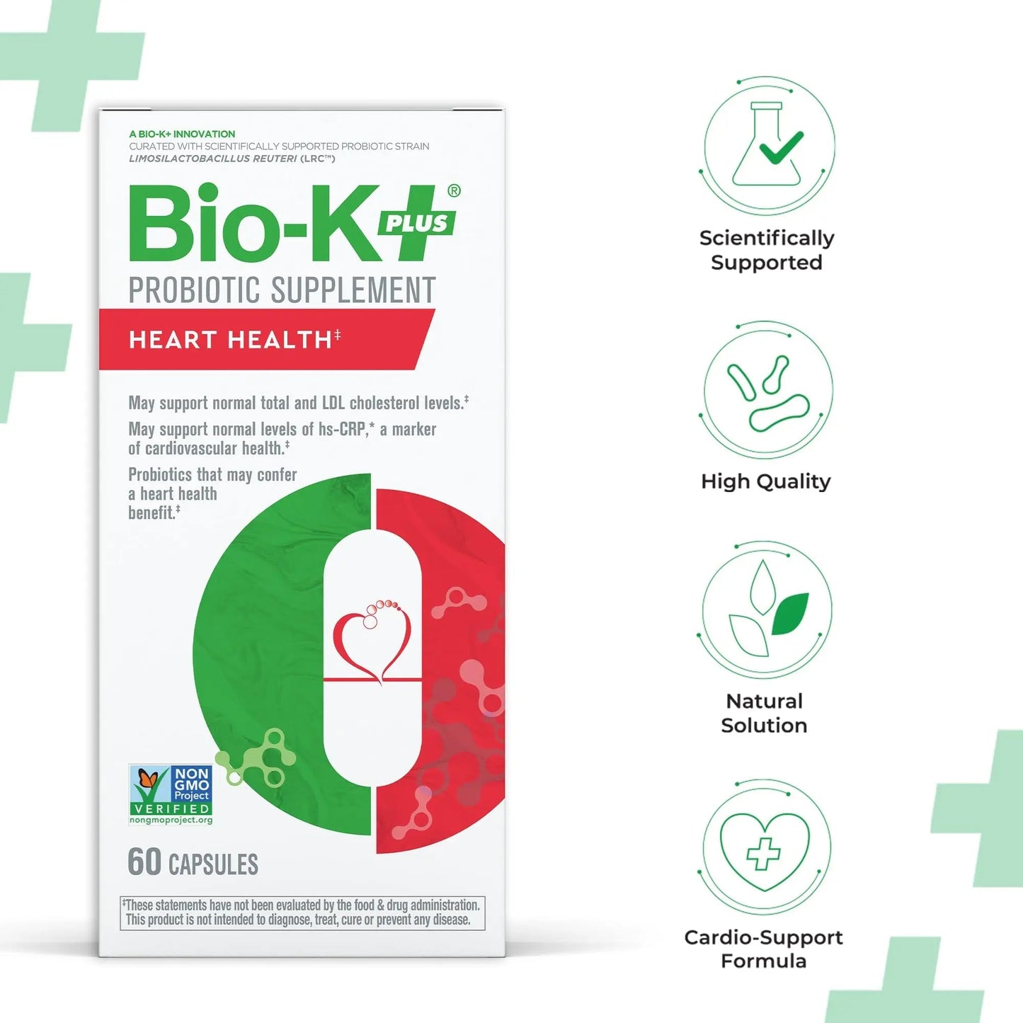 Bio-K+ Probiotics for Heart Health with Limosilactobacillus reuteri LRC – Heart Health Probiotic for Cholesterol & Cardiovascular Support, 5 Billion CFU, Vegan, Shelf-Stable – 60 Capsules - Maple Wellness Supplements