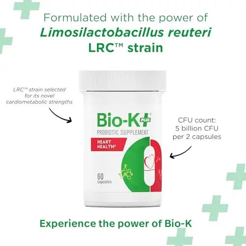 Bio-K+ Probiotics for Heart Health with Limosilactobacillus reuteri LRC – Heart Health Probiotic for Cholesterol & Cardiovascular Support, 5 Billion CFU, Vegan, Shelf-Stable – 60 Capsules - Maple Wellness Supplements