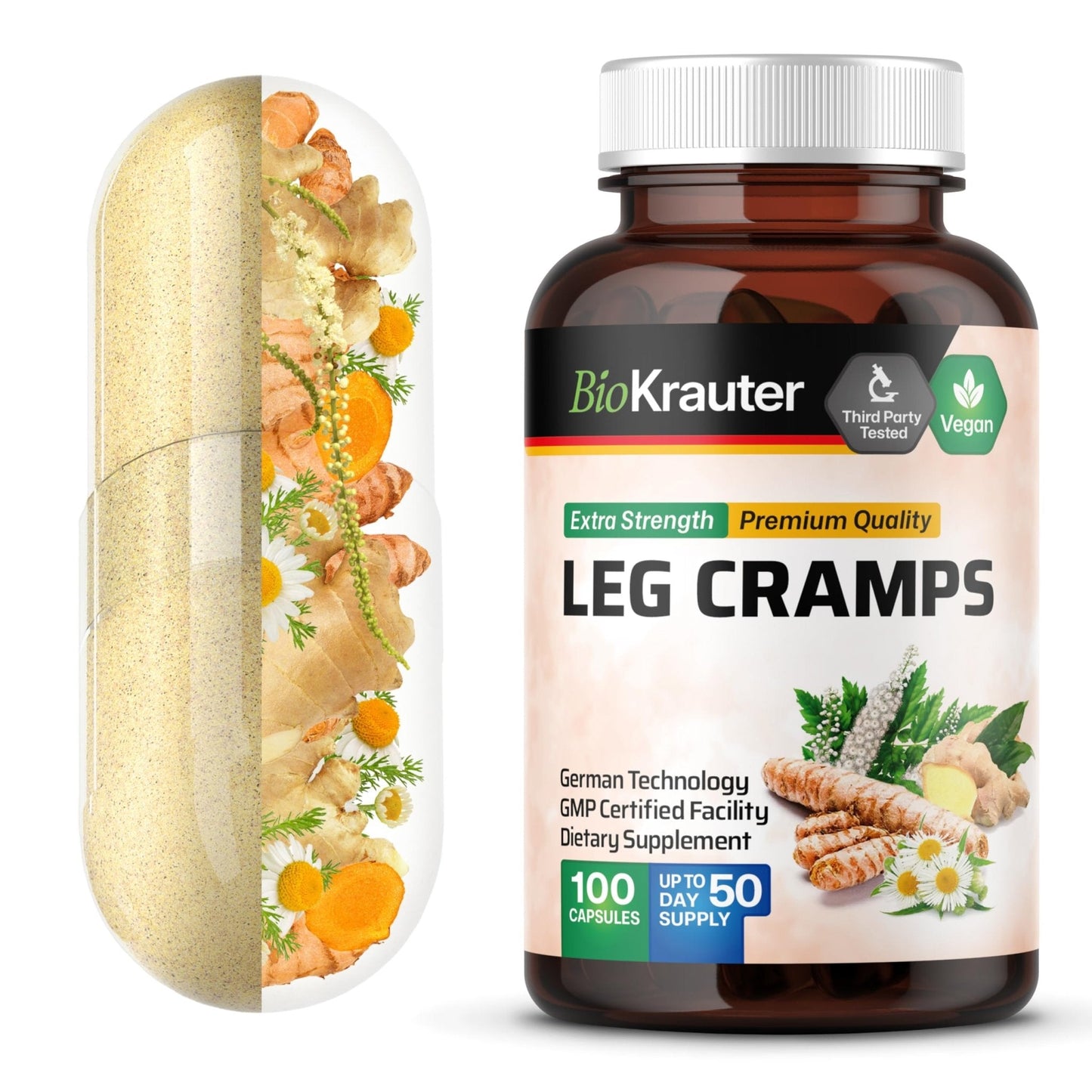 BIO KRAUTER® Magnesium Glycinate for Leg Сramps & Relax - 5-in-1 Formula Magnesium Glycinate 400mg with Turmeric, Black Cohosh, Ginger, Chamomile 1200 mg 100 Caps - No Fillers, Non-GMO, 50-Day Supply - Maple Wellness Supplements