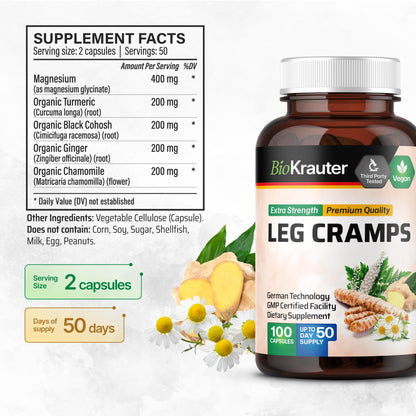 BIO KRAUTER® Magnesium Glycinate for Leg Сramps & Relax - 5-in-1 Formula Magnesium Glycinate 400mg with Turmeric, Black Cohosh, Ginger, Chamomile 1200 mg 100 Caps - No Fillers, Non-GMO, 50-Day Supply - Maple Wellness Supplements