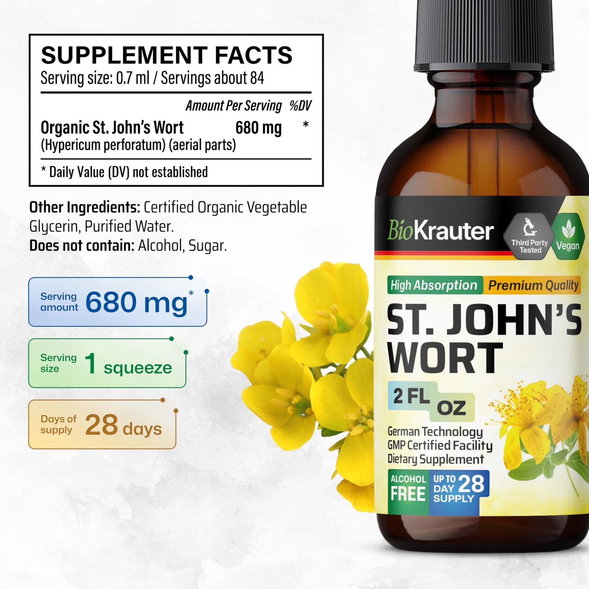 BIO KRAUTER® St Johns Wort for Calm & Mood Support - Vegan St. John's Wort for Relaxation & Emotional Wellness Support - Calm Drops 2 Fl.Oz., 28-Day Supply, Alcohol & Sugar Free Herbal Supplements - Maple Wellness Supplements
