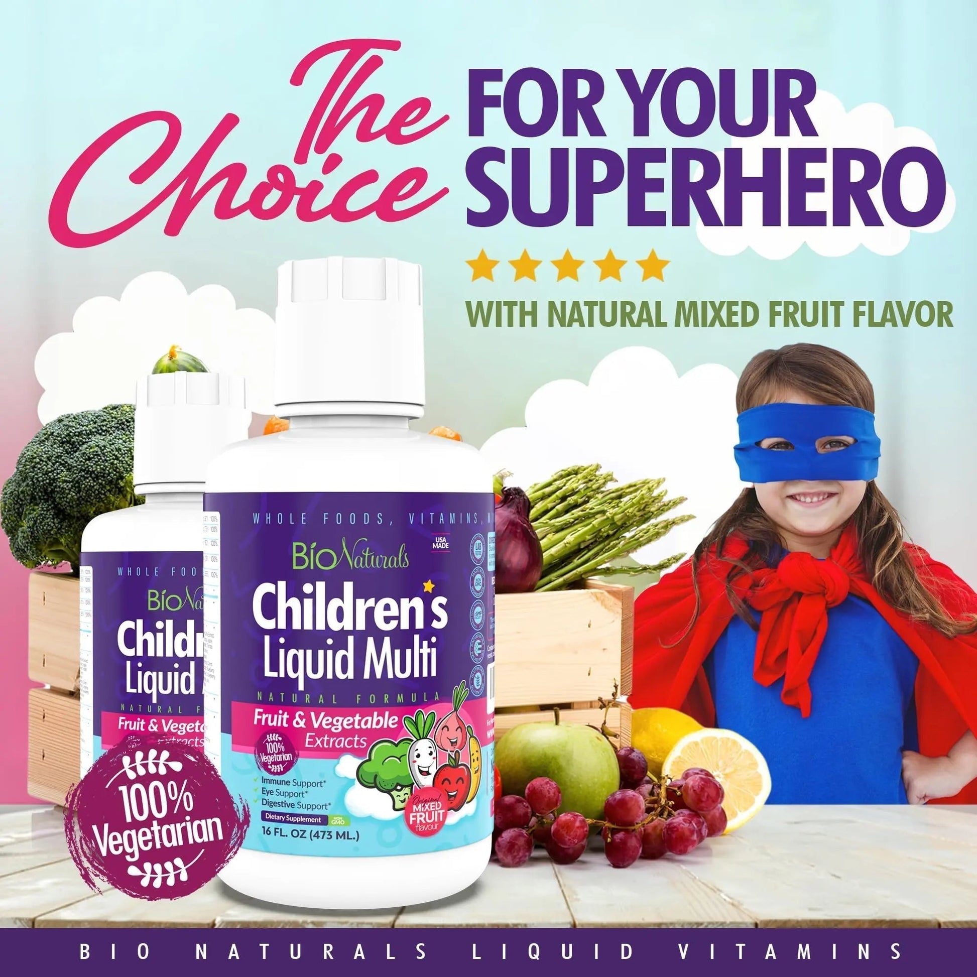 Bio Naturals Children's Liquid Multivitamin & Immune Booster - Natural Supplement for Kids & Toddlers with Vitamins A B C D3 E, Fiber - Maple Wellness Supplements