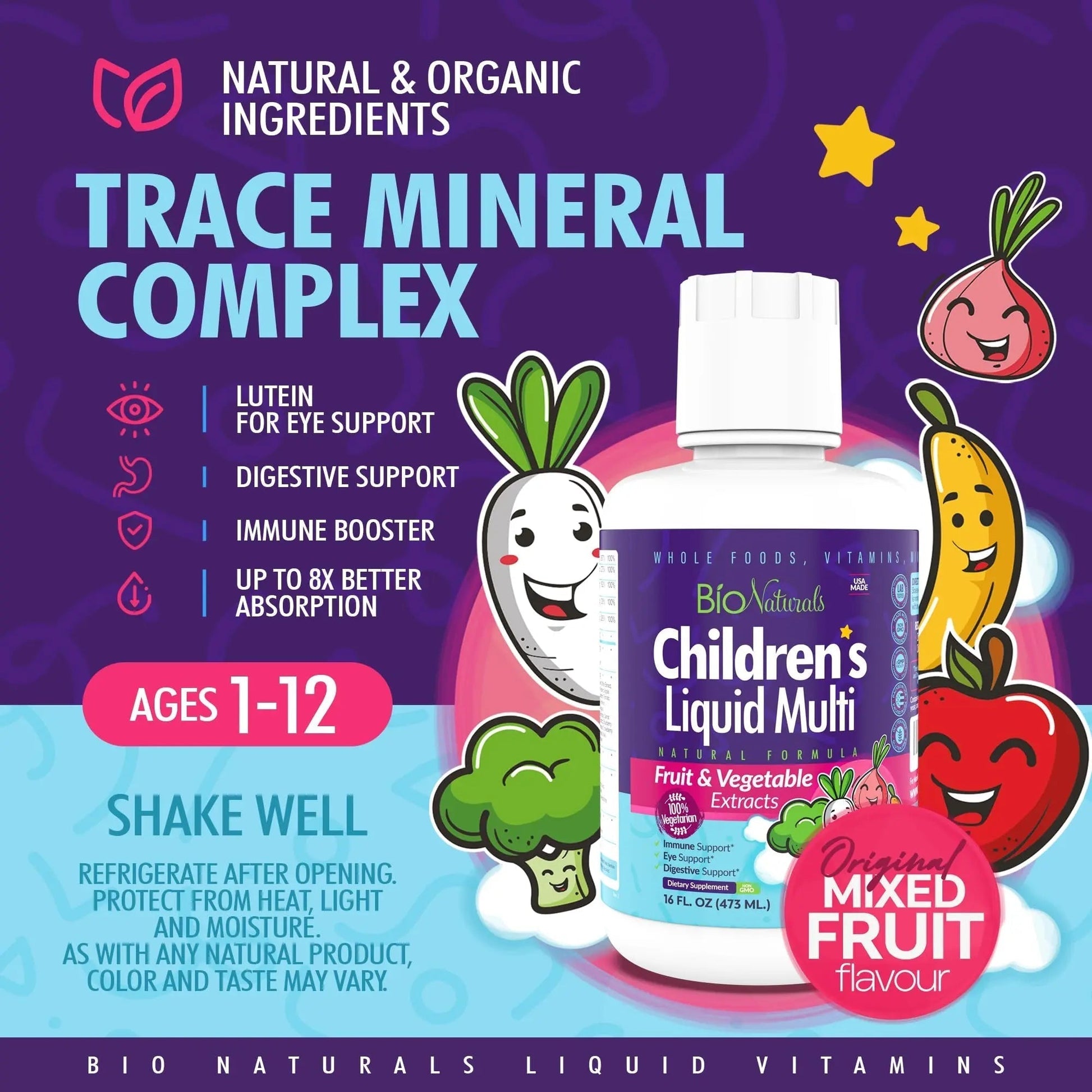 Bio Naturals Children's Liquid Multivitamin & Immune Booster - Natural Supplement for Kids & Toddlers with Vitamins A B C D3 E, Fiber - Maple Wellness Supplements
