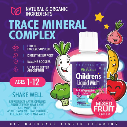 Bio Naturals Children's Liquid Multivitamin & Immune Booster - Natural Supplement for Kids & Toddlers with Vitamins A B C D3 E, Fiber - Maple Wellness Supplements