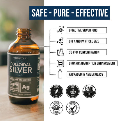 Bioactive Colloidal Silver - 8 oz, Glass Bottle, Vegan, Safe Doses with Highest Effectiveness - Nano Ions, 30 PPM - Immune Support (48 Servings) - Maple Wellness Supplements