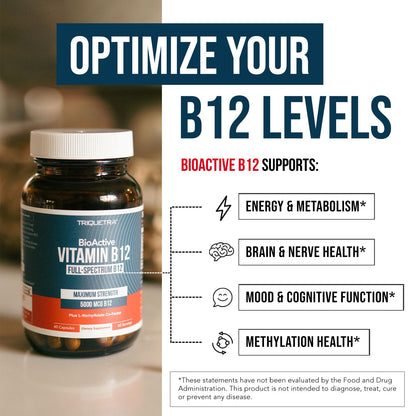 BioActive Vitamin B12 - 5000 mcg, Contains 3 BioActive Forms B12 Plus Methylfolate Cofactor - Methyl B12, Adenosyl B12 & Hydroxy B12 | Supports Energy - Maple Wellness Supplements