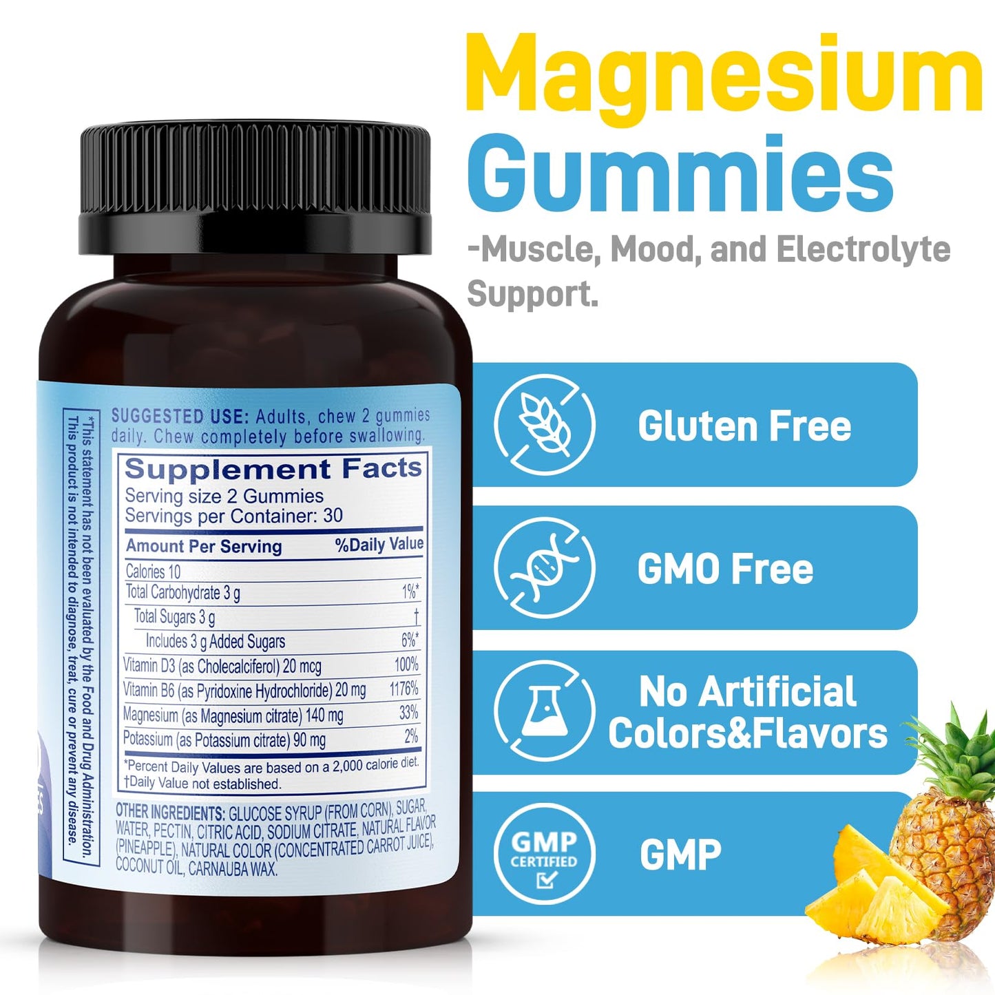 Biobor Potassium Magnesium Gummies, Magnesium Citrate & Potassium Citrate Supplements with Vitamin D3, B6 for Electrolyte Balance, Muscle, Leg Cramps, GMO Free Gluten Free (Pineapple,60 Count) - Maple Wellness Supplements