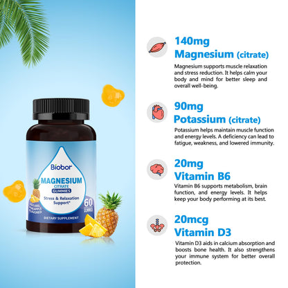 Biobor Potassium Magnesium Gummies, Magnesium Citrate & Potassium Citrate Supplements with Vitamin D3, B6 for Electrolyte Balance, Muscle, Leg Cramps, GMO Free Gluten Free (Pineapple,60 Count) - Maple Wellness Supplements