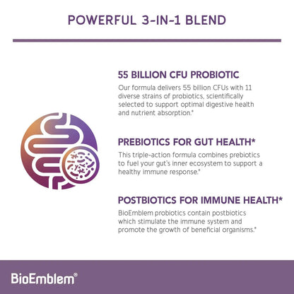 BioEmblem Probiotics for Women & Men – 55 Billion CFU | 11 Strains with Prebiotics & Postbiotics | Jerusalem Artichoke & Inulin | Digestive & Immune Support, Nutrient Absorption | Non-GMO,45 Capsules - Maple Wellness Supplements