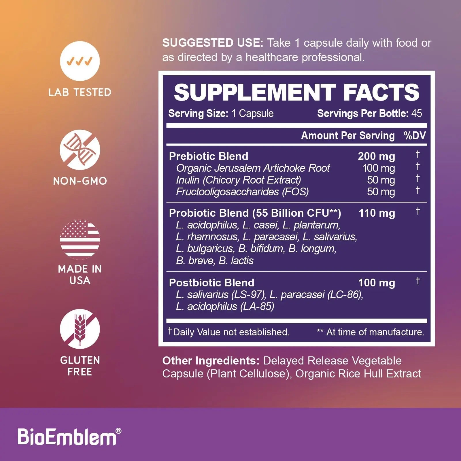 BioEmblem Probiotics for Women & Men – 55 Billion CFU | 11 Strains with Prebiotics & Postbiotics | Jerusalem Artichoke & Inulin | Digestive & Immune Support, Nutrient Absorption | Non-GMO,45 Capsules - Maple Wellness Supplements