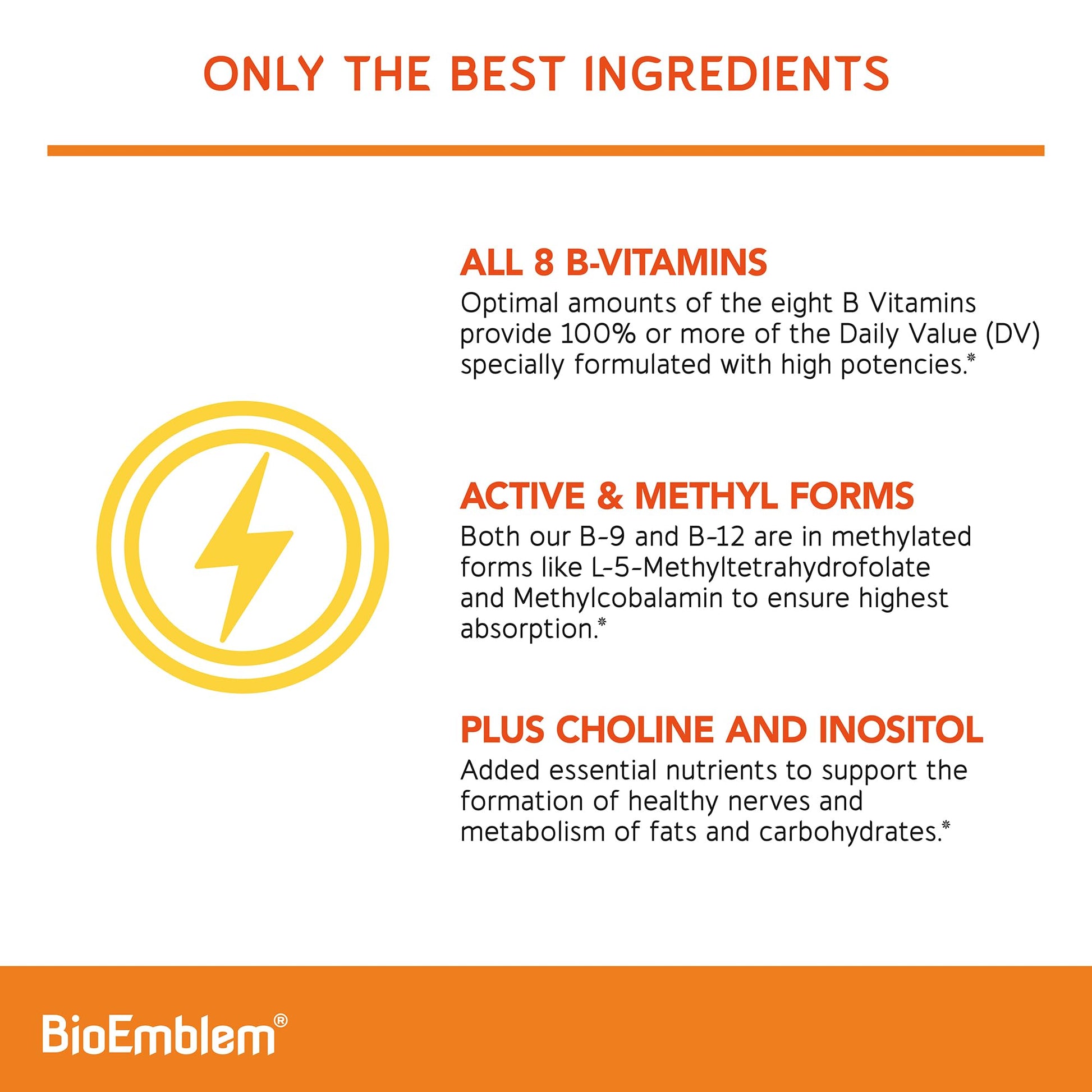 BioEmblem Vitamin B-Complex - All 8 Active Forms with Methyl Folate, Methyl B12, B6, Biotin Plus Choline Inositol, Supports Energy, Metabolism, Brain, Heart Health - Maple Wellness Supplements