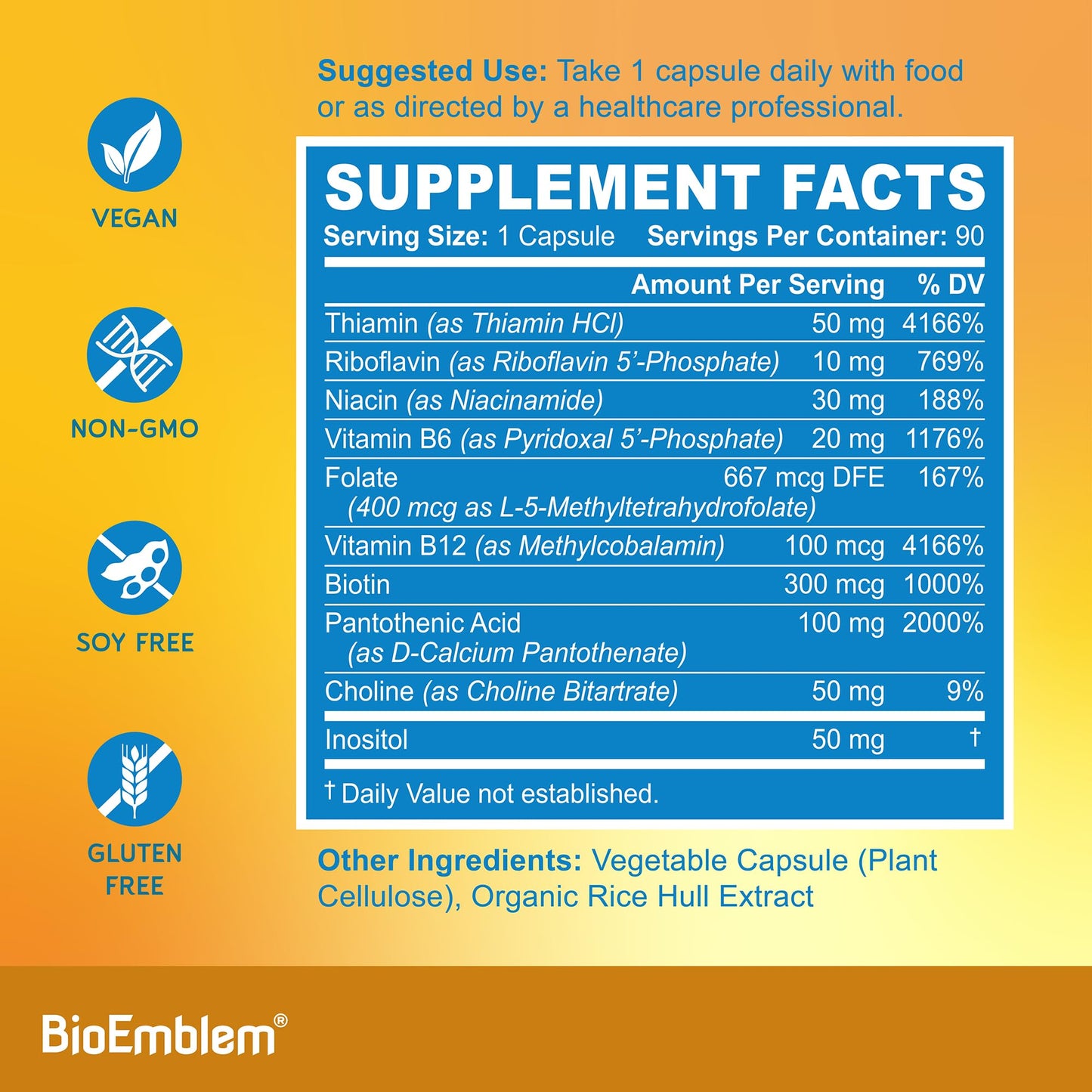 BioEmblem Vitamin B-Complex - All 8 Active Forms with Methyl Folate, Methyl B12, B6, Biotin Plus Choline Inositol, Supports Energy, Metabolism, Brain, Heart Health - Maple Wellness Supplements