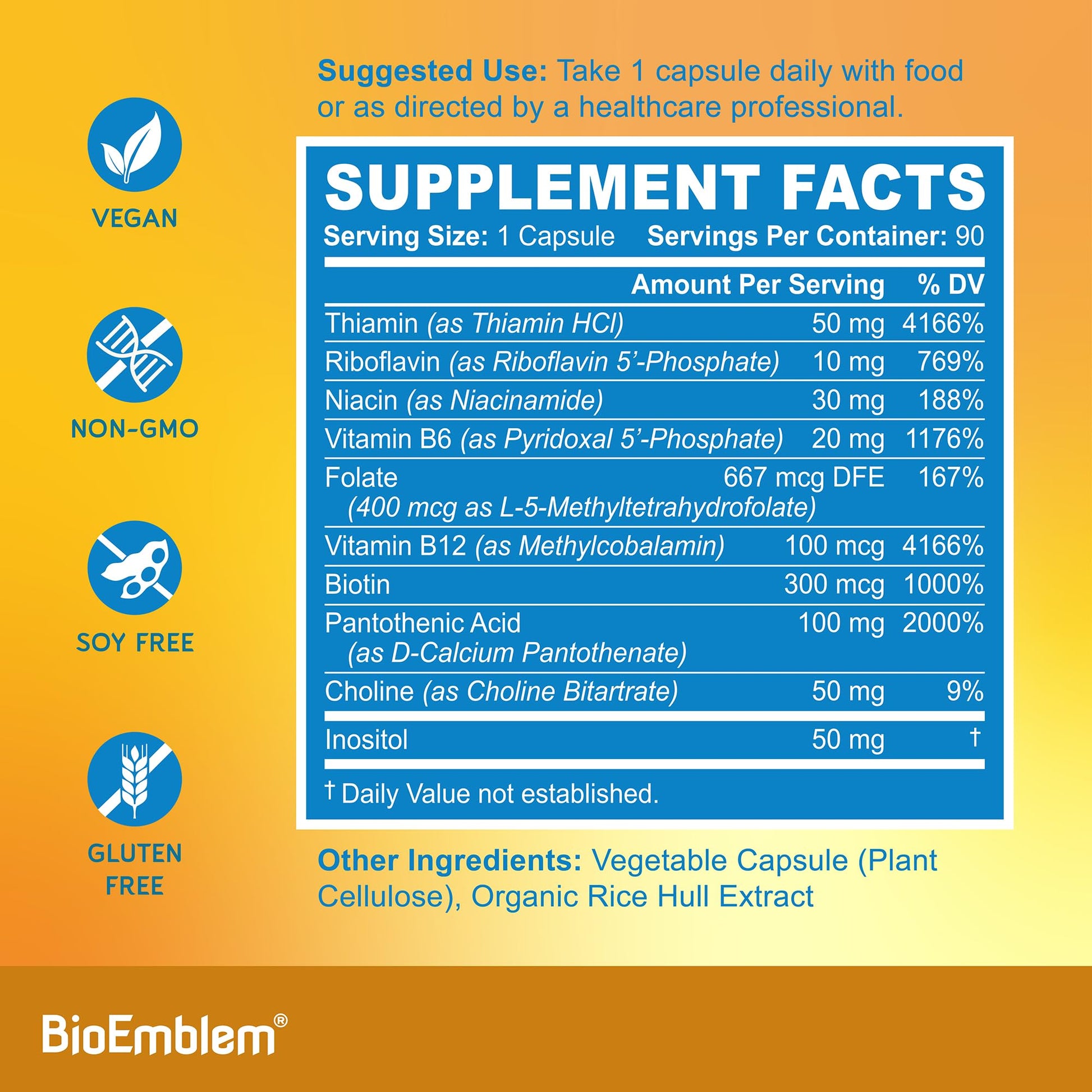 BioEmblem Vitamin B-Complex - All 8 Active Forms with Methyl Folate, Methyl B12, B6, Biotin Plus Choline Inositol, Supports Energy, Metabolism, Brain, Heart Health - Maple Wellness Supplements
