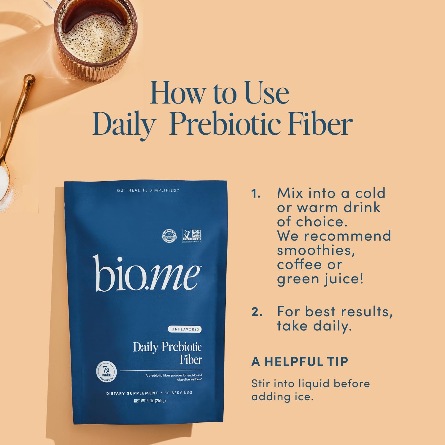 Bio.me Daily Prebiotic Fiber Powder Unflavored - 7g Per Serving - Soluble & Insoluble Fiber Supplement Powder for Women & Men - Digestive Health & Gut Health - Maple Wellness Supplements