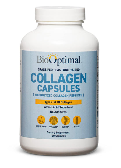 BioOptimal Collagen Peptides Capsules - Grass-Fed, Pasture-Raised Hydrolyzed Protein S]n-GMO, Zero Sugar Daily Pills for Men & Women (180 Capsules) - Maple Wellness Supplements